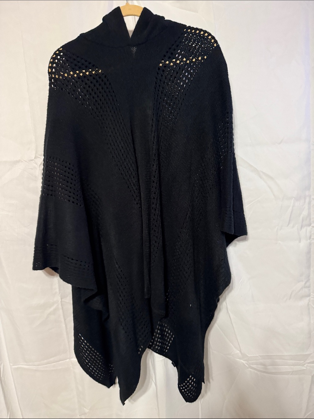 Black Open-Knit Hooded Poncho Sweater